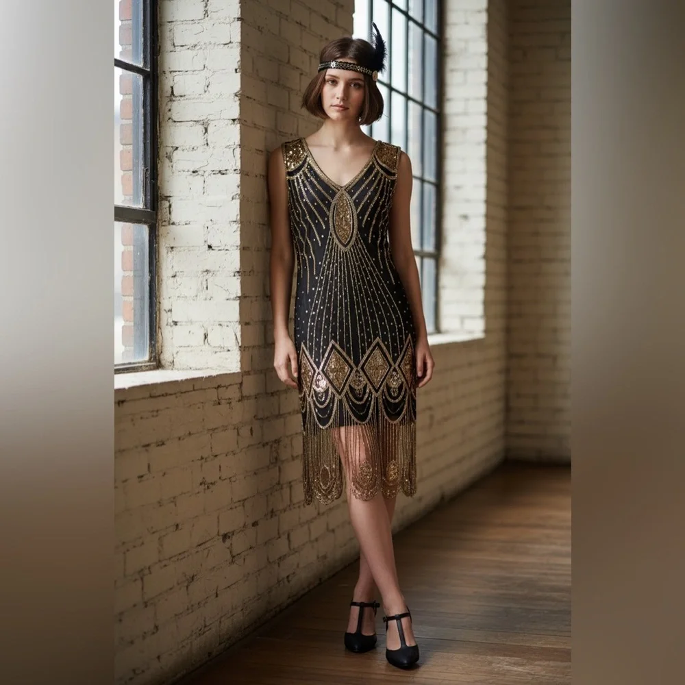Babeyond Elegant Black and Gold Beaded Dress 1920s elegant party flapper - Picture 1 of 7